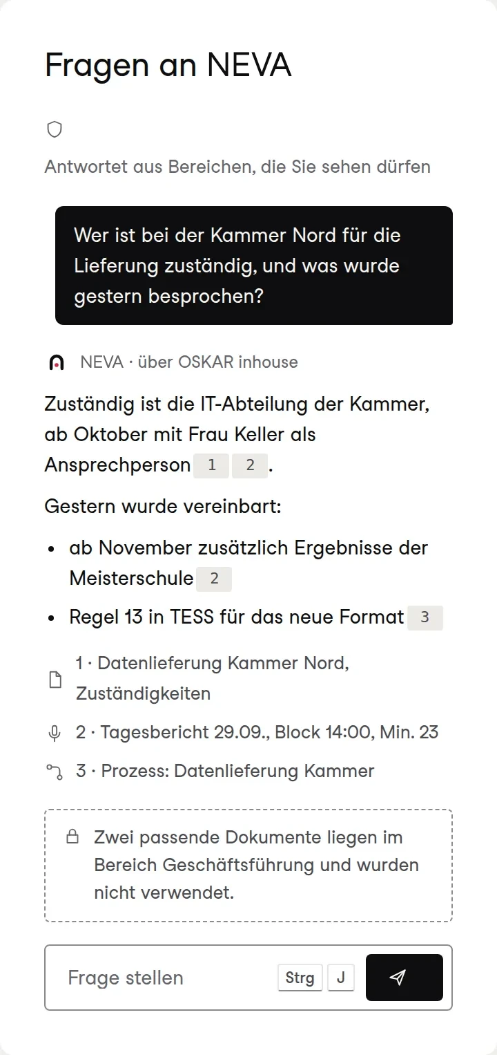 Fragen an NEVA: Antwort mit Fußnoten zu Wiki-Seite, Tagesbericht und Prozess, mit Hinweis auf nicht verwendete Dokumente