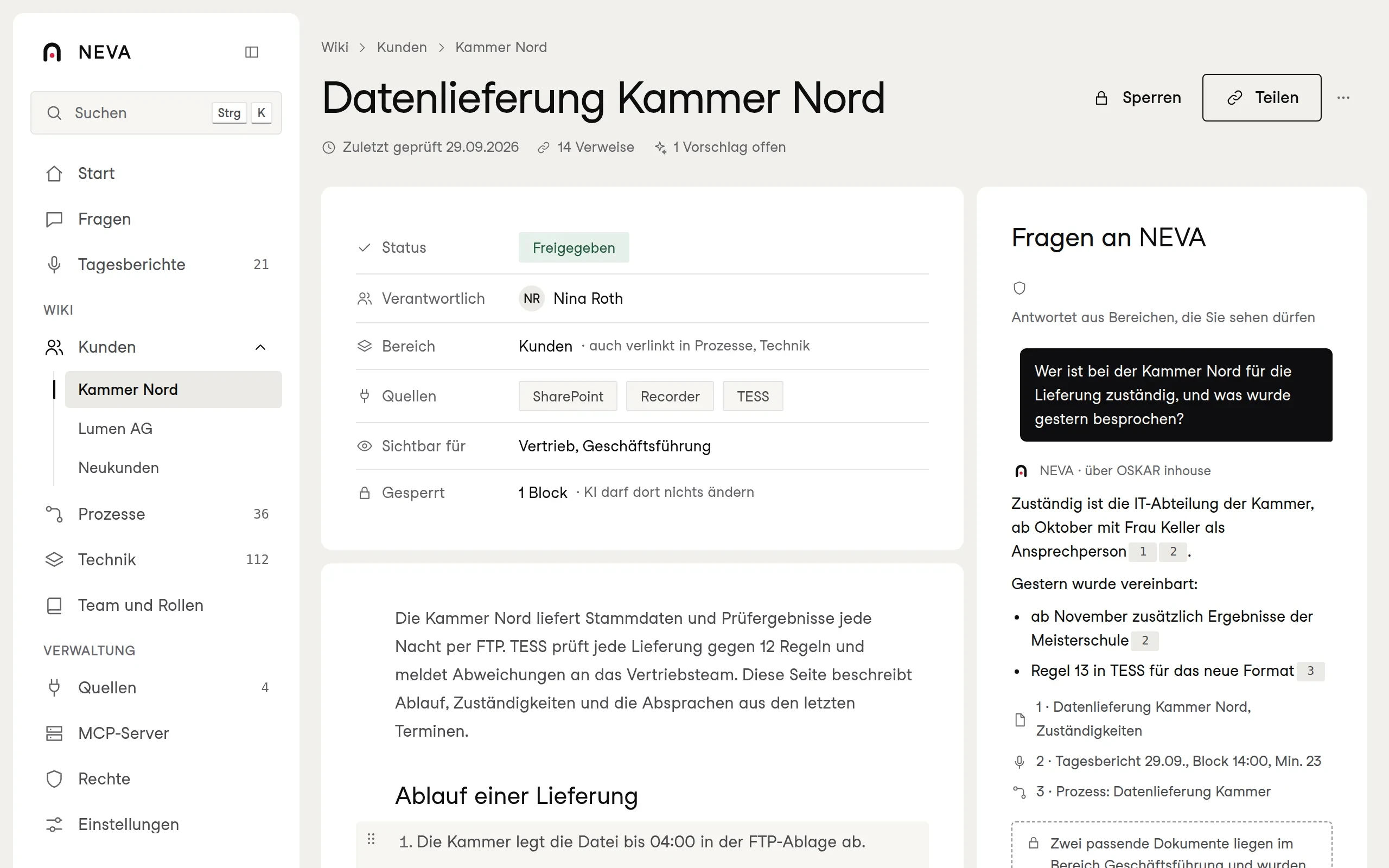 NEVA: Wiki-Seite Datenlieferung Kammer Nord mit Eigenschaften, gesperrtem Block und dem Chat Fragen an NEVA