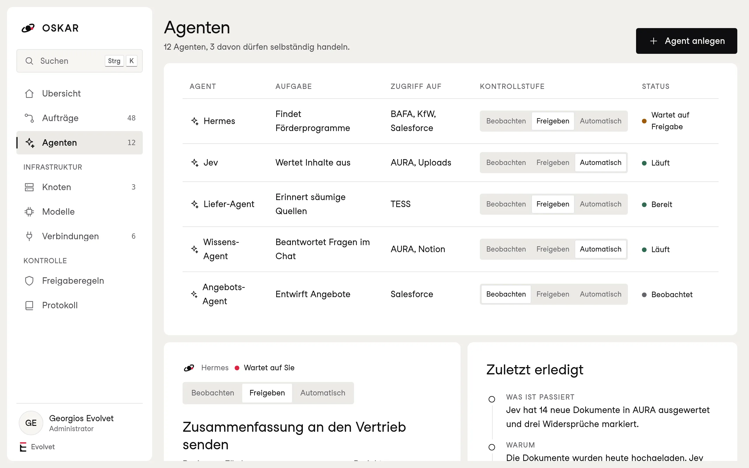 OSKAR Agenten mit Aufgabe, Zugriff und Kontrollstufe Beobachten, Freigeben, Automatisch