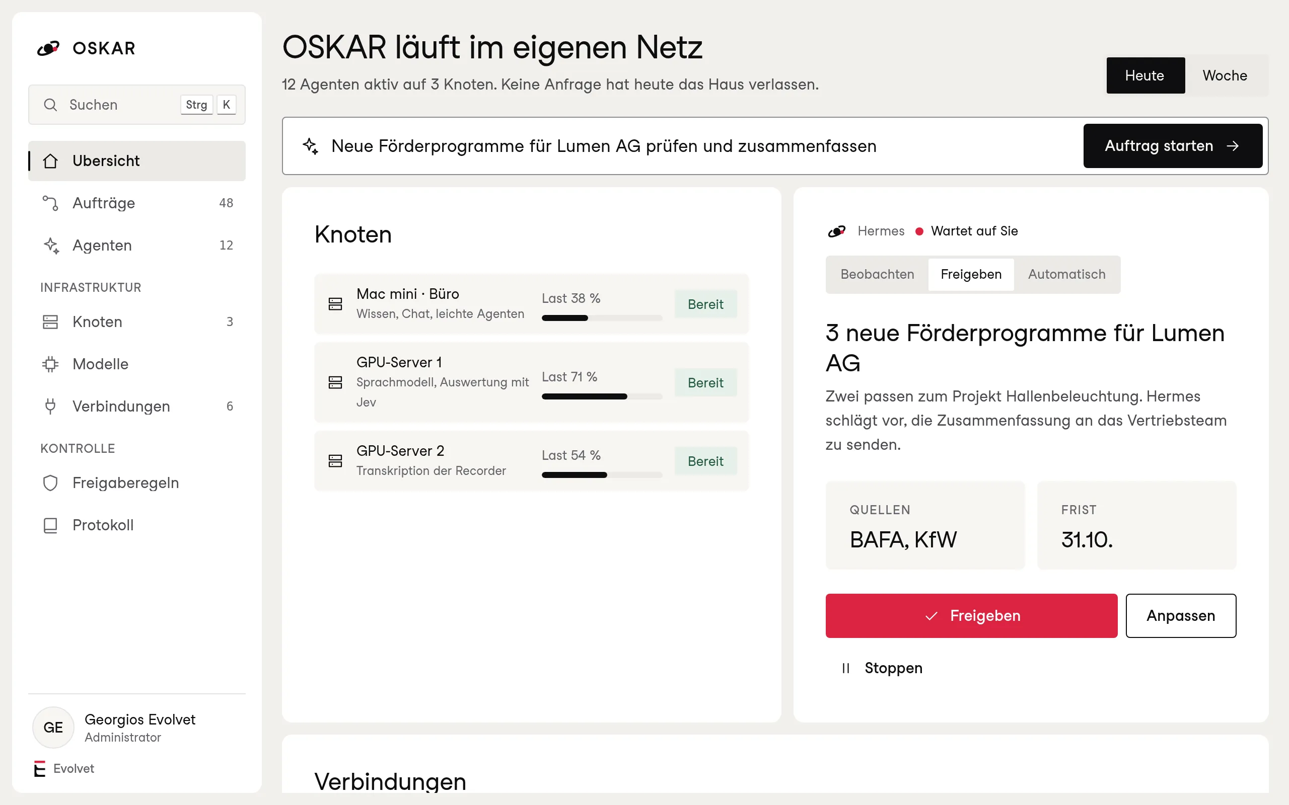 OSKAR Übersicht: 12 Agenten aktiv auf 3 Knoten, keine Anfrage hat das Haus verlassen